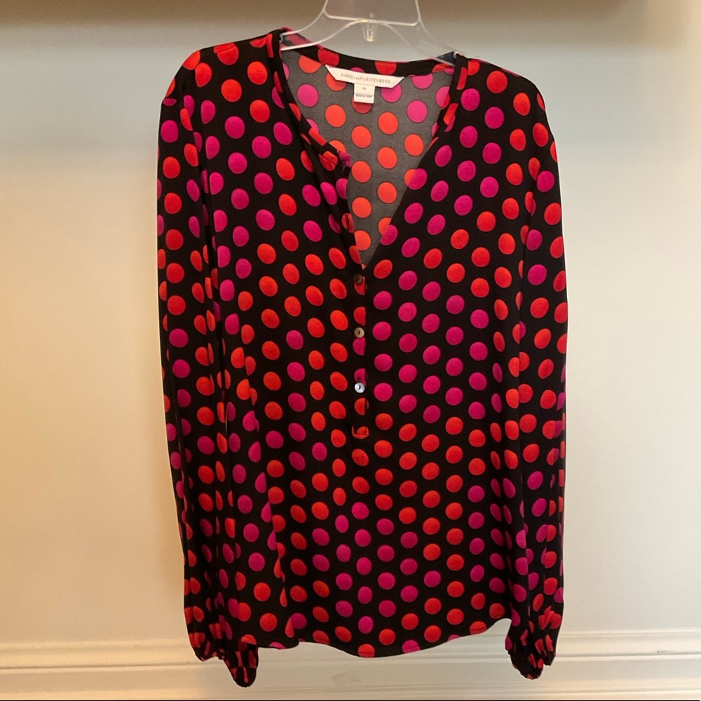 Diane Von Furstenberg Black Blouse with Pink and Red Polka Dots